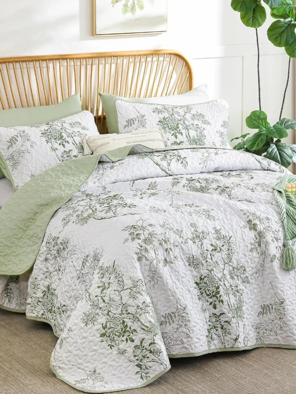 Floral Quilt Set Full,Green Botanical Pattern Quilts Bedspread Coverlet Set for